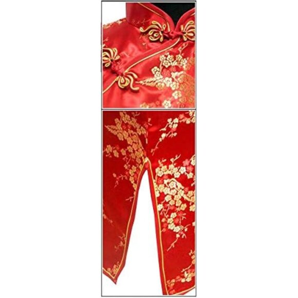 Women's Red Floral Cheongsam Mini Dress Satin Evening Party Club Wear - Picture 2 of 3